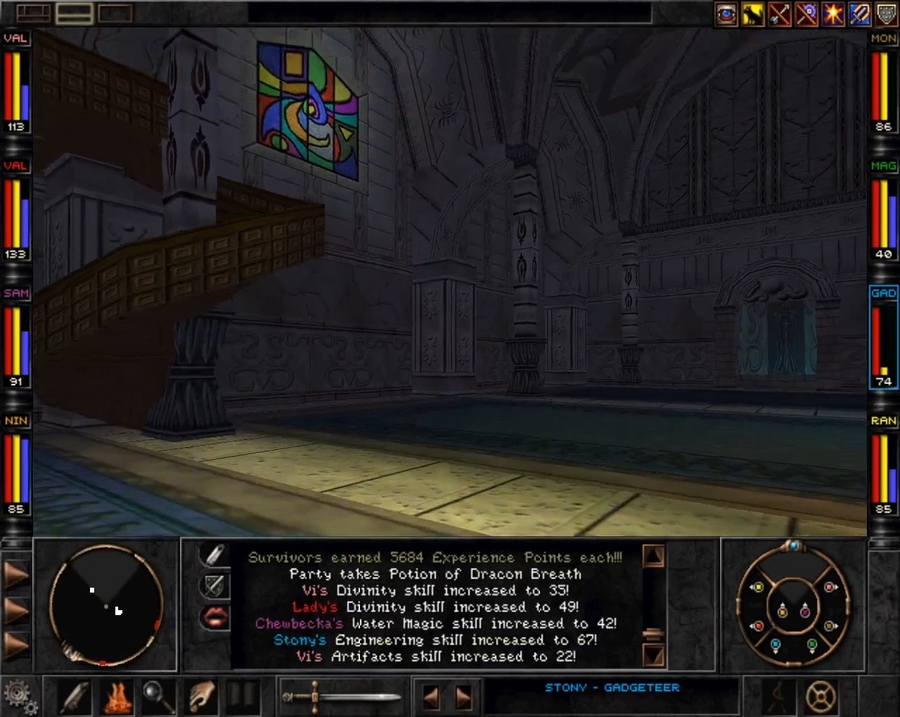 Wizardry 8 screenshot: monastery interior with stained glass